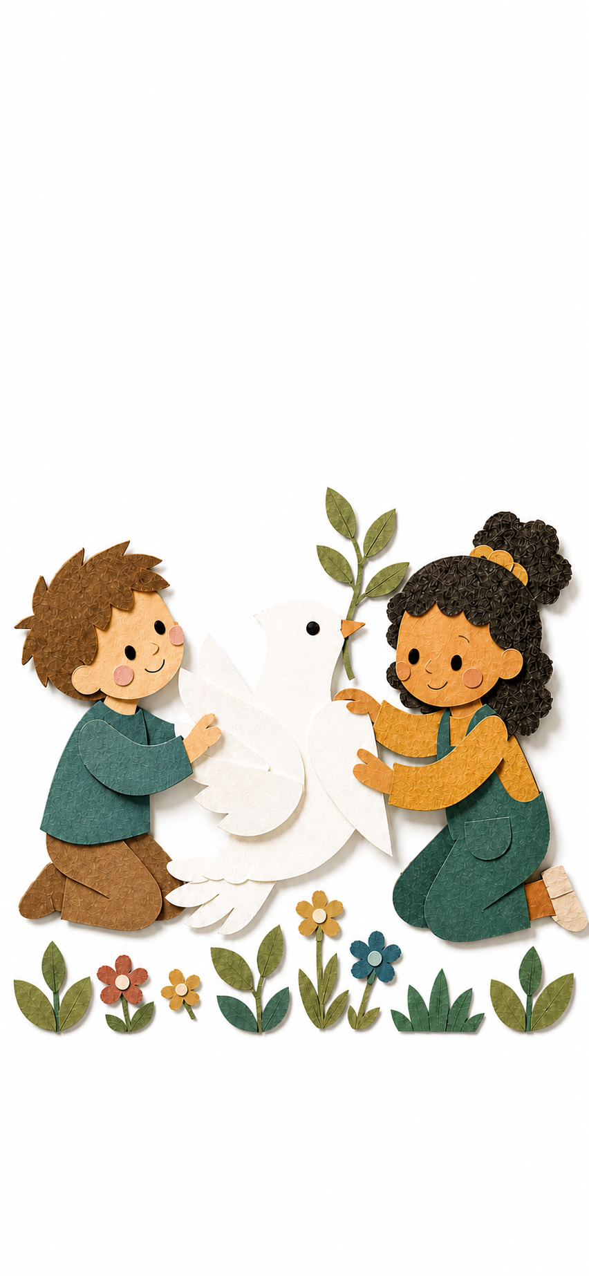 Due bambini costruiscono insieme una grande colomba della pace con carta e feltro