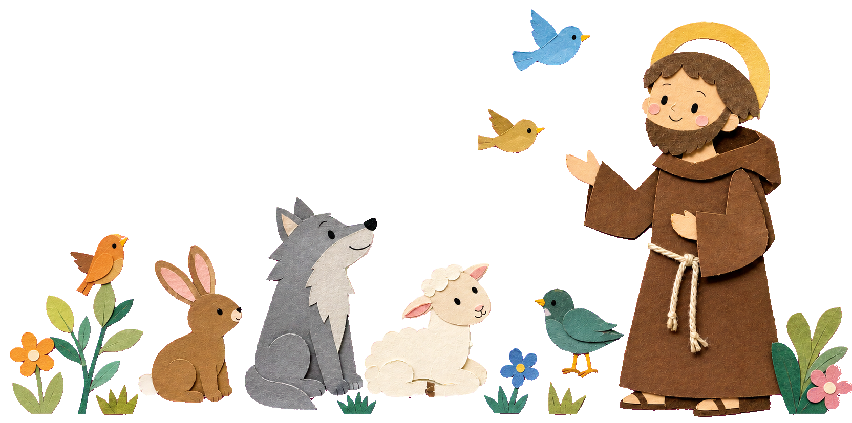 Illustrazione in carta ritagliata di San Francesco con animali